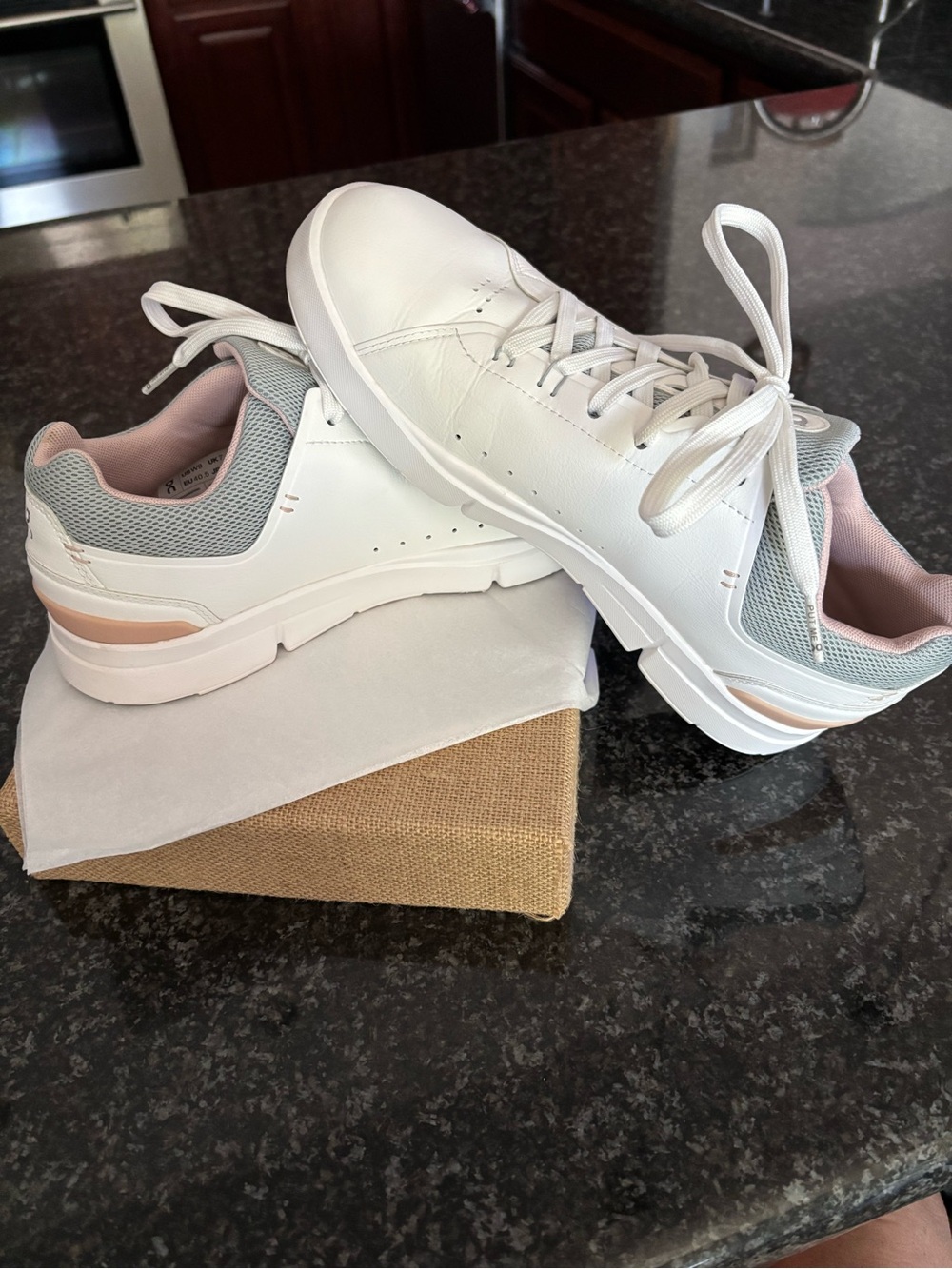On Running White Sneakers with Pink and Light Gray Accents